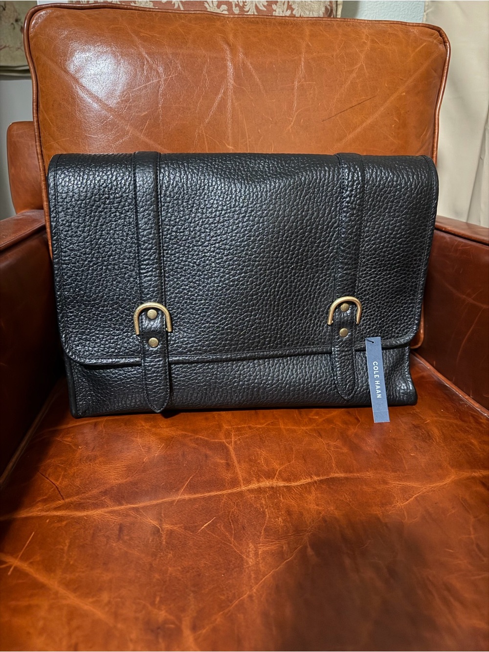 Cole Haan Black Pebbled Leather Messenger Bag with Gold Hardware